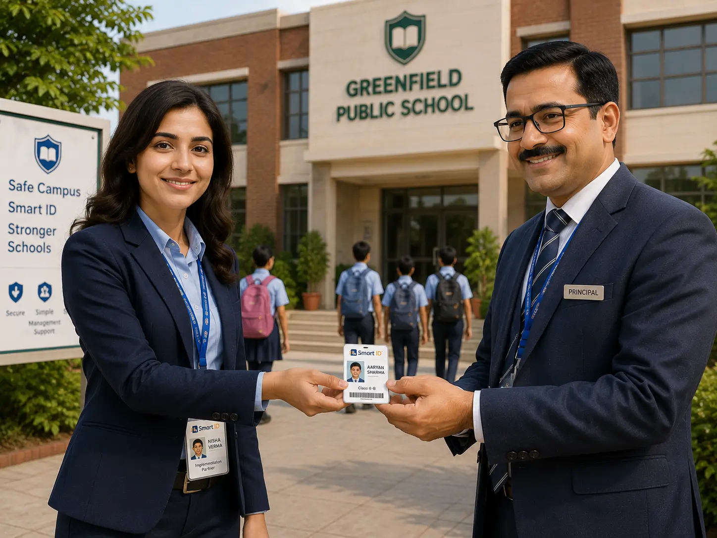 Smart ID team handing over ID cards to a school principal